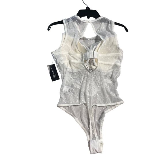 Womens INC White Lace Mesh Bodysuit L Snap Crotch See-Through Polka Dot Design - Picture 3 of 3